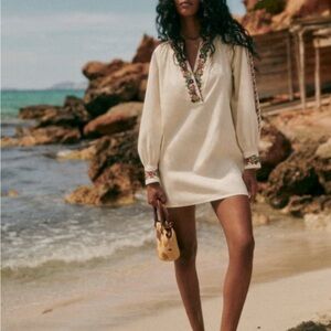 Sezane Cream Dress with Colorful Embroidery